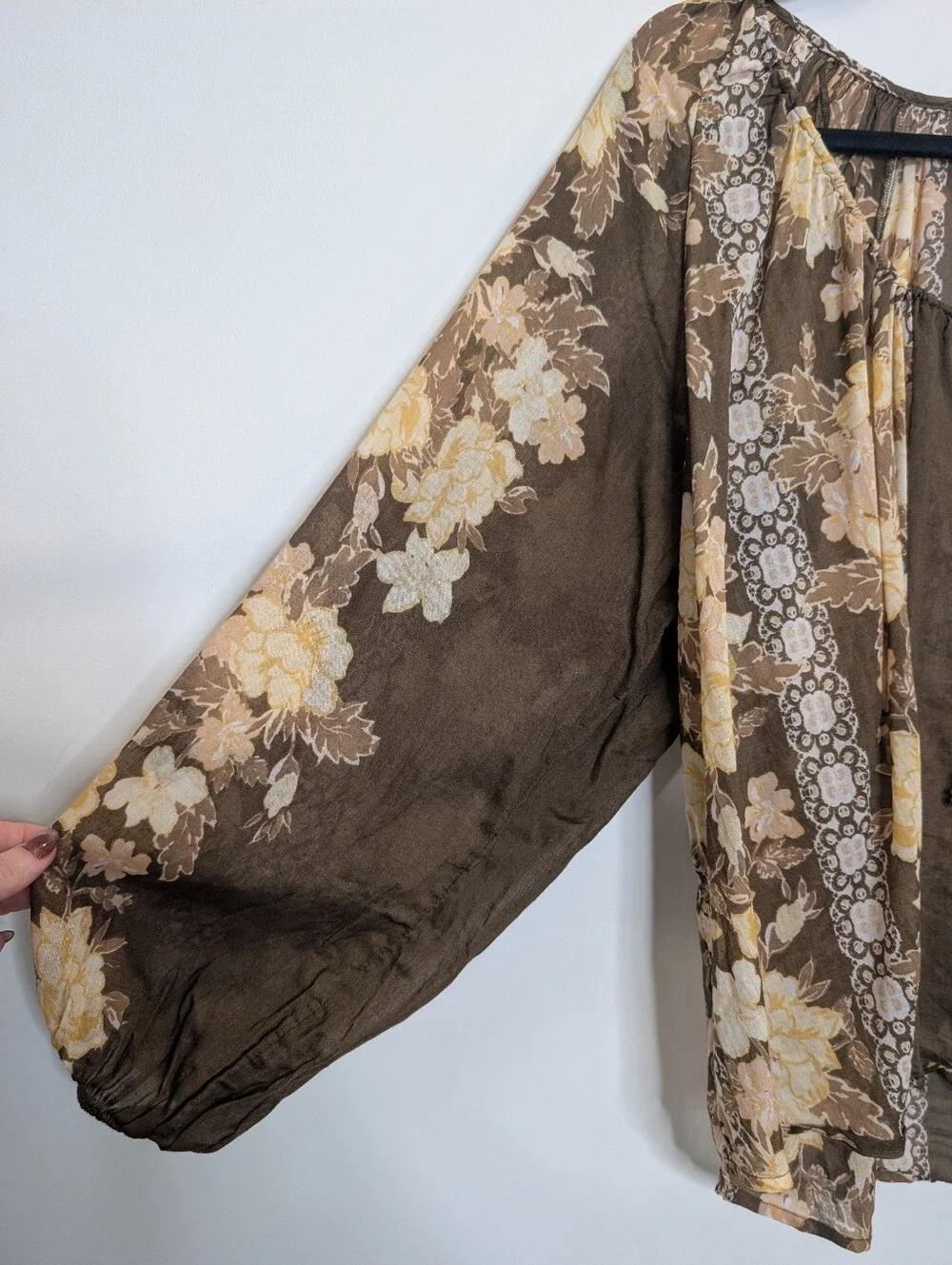 Free People Elena Printed Billowy Top Brown Floral Boho Peasant Blouse M